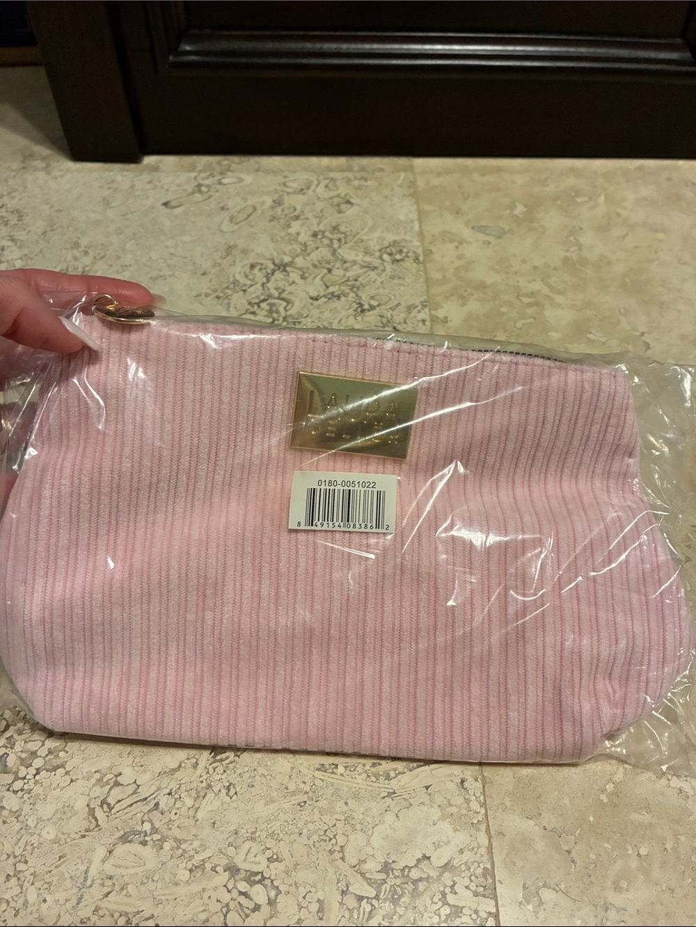 Laura Geller Pink Ribbed Cosmetic Pouch with Gold Plate